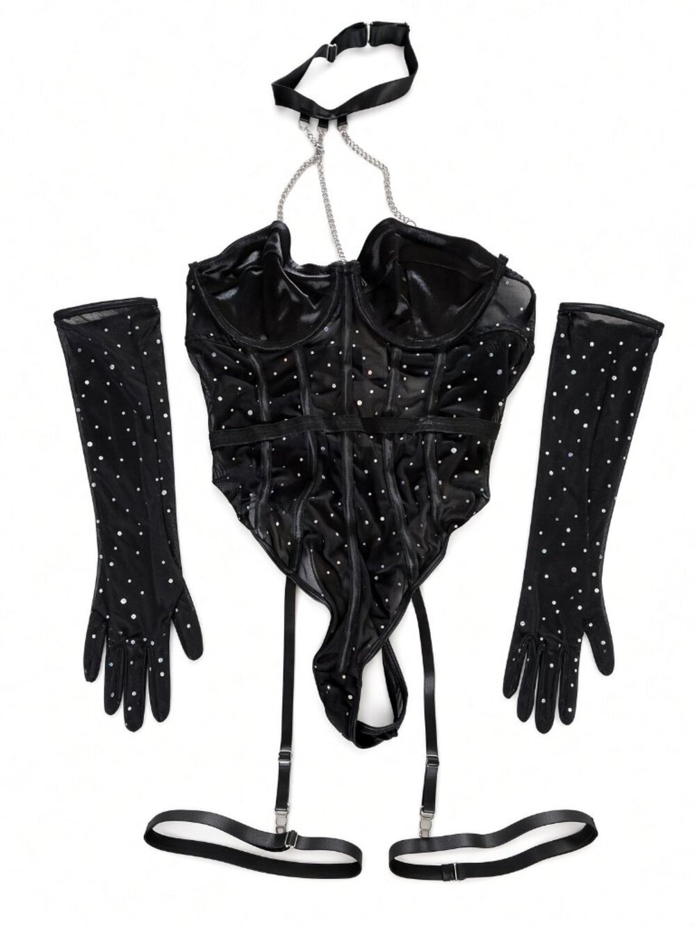 Spicy Aura Black Sequin Mesh Chain Halter Underwire Teddy Set M Gloves Garter